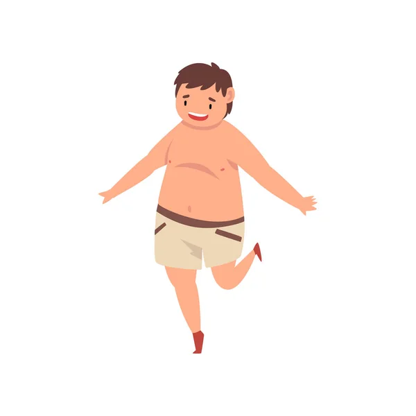 Niño gordo feliz que usa pantalones cortos, personaje infantil lindo con sobrepeso y pecho desnudo Vector Ilustración — Vector de stock