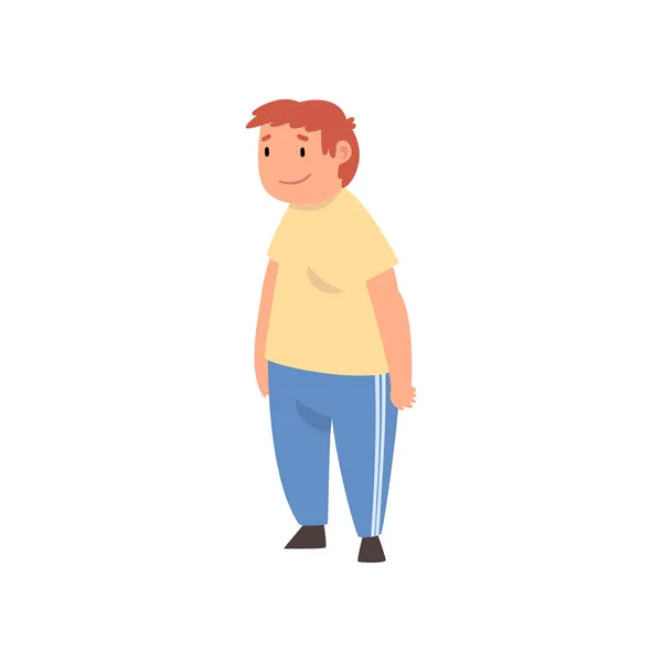 Λίπος αγόρι στέκεται, χαριτωμένο υπέρβαρων θυγατρικού χαρακτήρα στην αθλητική ομοιόμορφη απεικόνιση διάνυσμα — Διανυσματικό Αρχείο