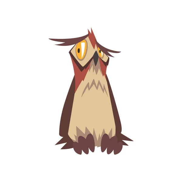 Śmieszne Orzeł Sowa Ptak, wielki Horned Sowa postać z brązowy uszyty wektor ilustracja — Wektor stockowy