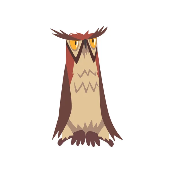 Orzeł Sowa Ptak, wielki Horned Eurasian Sowa postać z brązowy uwieszone wektor ilustracja — Wektor stockowy