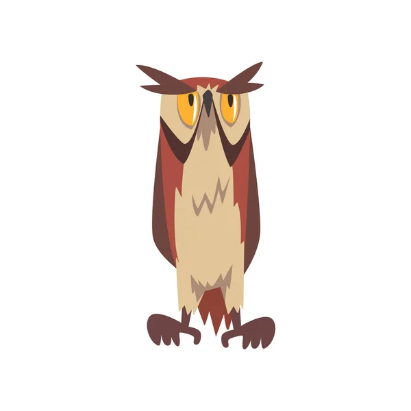 Eagle owl Bird, grote gehoornde Euraziatische uil karakter met bruine verenkleed, vooraanzicht vector illustratie — Stockvector