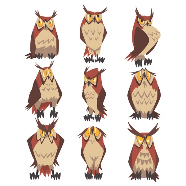 Kolekcja wielkich Horned Owls ptaki postacie, Eurasian Eagle Owls wektor ilustracja — Wektor stockowy