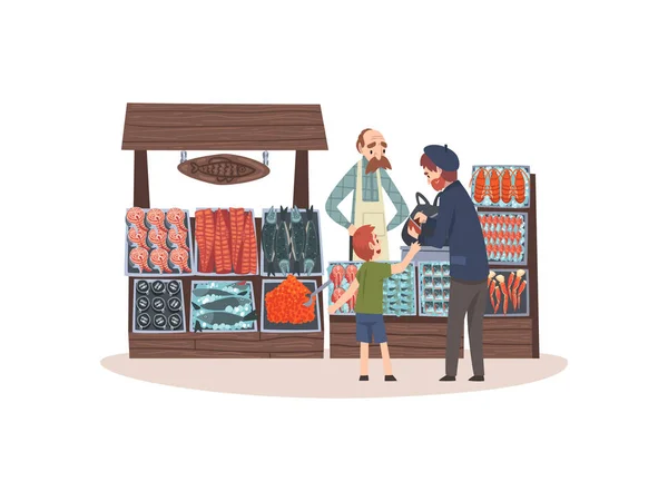 Skaldjur marknaden med friskhet fisk på Counter, Street Shop med male säljaren och kunder vektor illustration — Stock vektor