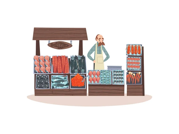 Skaldjur marknaden med friskhet fisk på Counter, Street Shop med male säljaren vektor illustration — Stock vektor