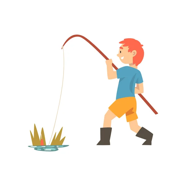 Carino sorridente ragazzo pesca con canna da pesca, Little Fisherman Cartoon personaggio vettoriale Illustrazione — Vettoriale Stock