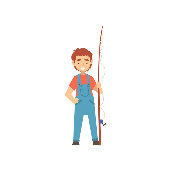 Bonito menino sorridente de pé com haste de pesca, Little Fisherman Cartoon personagem Vector Ilustração —  Vetores de Stock