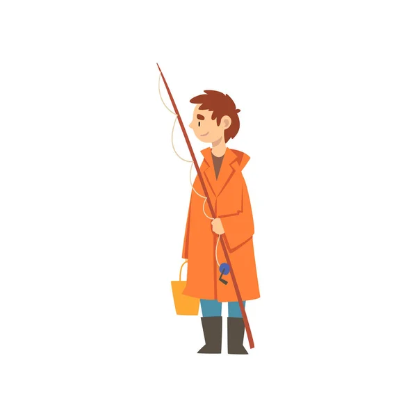 Mignon garçon en imperméable avec tige de pêche et seau, petit pêcheur dessin animé personnage vectoriel illustration — Image vectorielle