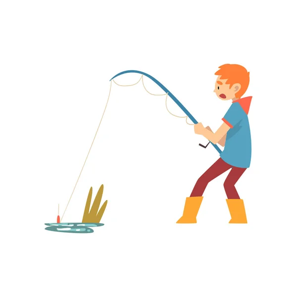 Boy horgászat Horgászbottal, aranyos kis Halász rajzfilmfigura Vector illusztráció — Stock Vector