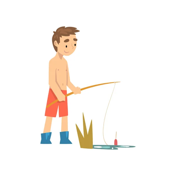 Niedlicher Junge in kurzen Hosen und Gummistiefeln, der mit Angelrute fischt, kleine Fischer Zeichentrickfigur Vektor-Illustration — Stockvektor