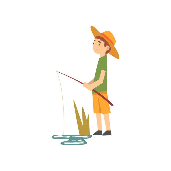 Cute Boy Fishing, Little Fisherman Cartoon Character in Hat Vector Illustration — Stock Vector