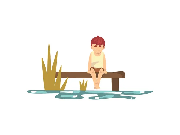 Cute Little Boy Cartoon Character Sitting on Pier Vector Illustration — Stock Vector