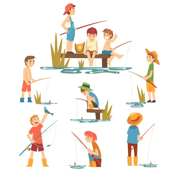 Pêche garçons mignons avec cannes à pêche ensemble, petits pêcheurs personnages de bande dessinée Illustration vectorielle — Image vectorielle