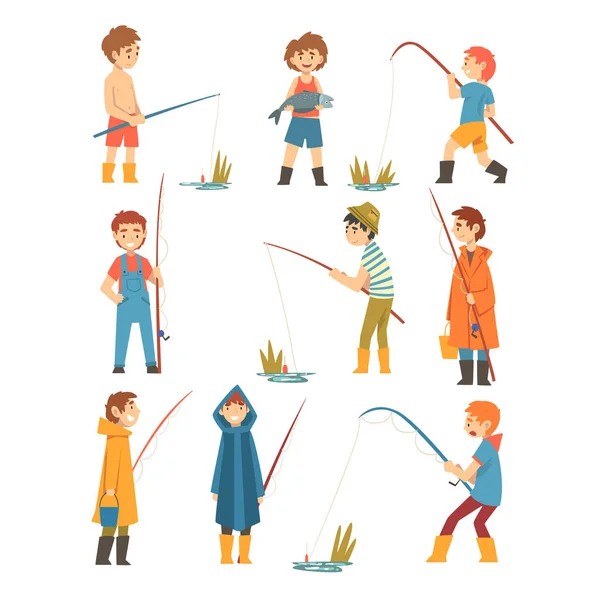 Niedlichen Jungen mit Angelruten set, kleine Fischer Zeichentrickfiguren Vektor-Illustration — Stockvektor