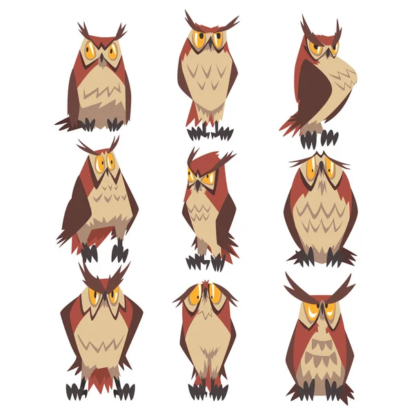 Collection of Great Horned Owls Birds Characters, Eurasian Eagle Owls Vector Illustration Stock Illustration