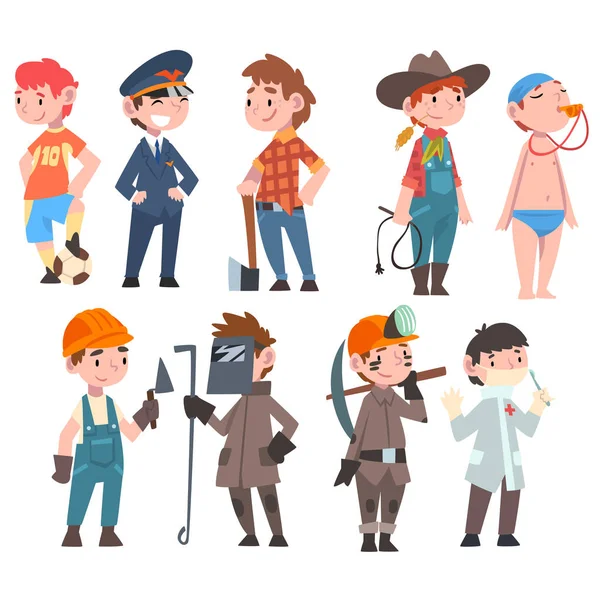 Kinderen van verschillende beroepen set, Soccer Player, houtsnijder, cowboy, pilot, arts, zwemmen coach, lasser, mijnwerker, bouwwerk nemer vector illustratie — Stockvector