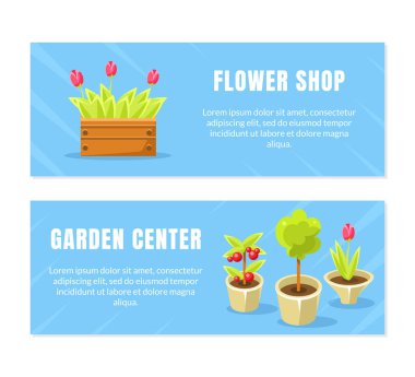 Çiçekçi Dükkanı, Bahçe Merkezi Yatay Afiş Şablonları Seti, Broşür, Afiş, Kitapçık, El İlanı veya Kartvizit Vektör İllüstrasyonu