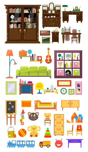Colección de Muebles para el Hogar, Interior del Gabinete, Sala de Estar, Dormitorio, Sala Infantil Vector Ilustración — Vector de stock
