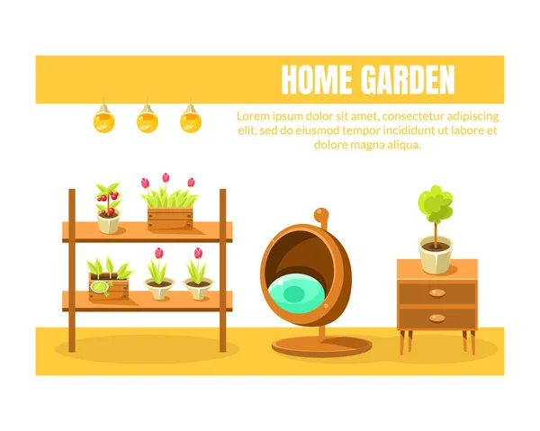 Domácí zahrada šablona nápisu s místem pro text, dřevěný nábytek a domácí rostliny, květiny v květináči, brožura, plakát, brožura, leták nebo vektorová vizitka — Stockový vektor