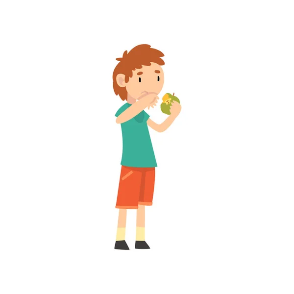Lindo chico no quiere comer manzana, niño no le gustan las frutas Vector Ilustración Vector Ilustración — Vector de stock