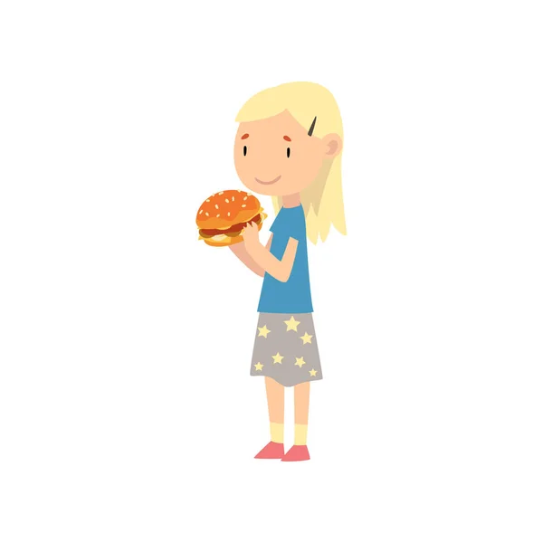 Χαριτωμένο ξανθιά κορίτσι τρώει χάμπουργκερ, παιδί απολαμβάνοντας το φαγητό της ταχείας τροφής διάνυσμα εικόνα — Διανυσματικό Αρχείο