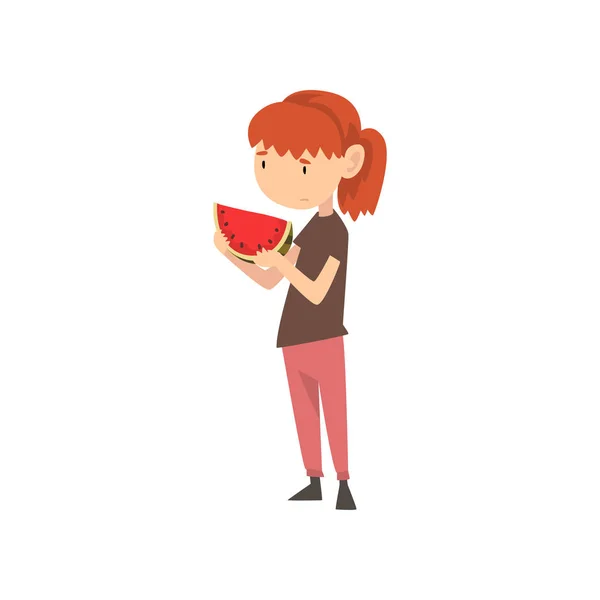 Милая девушка не хочет есть арбуз, ребенок не любит векторную иллюстрацию вектора здоровой пищи — стоковый вектор