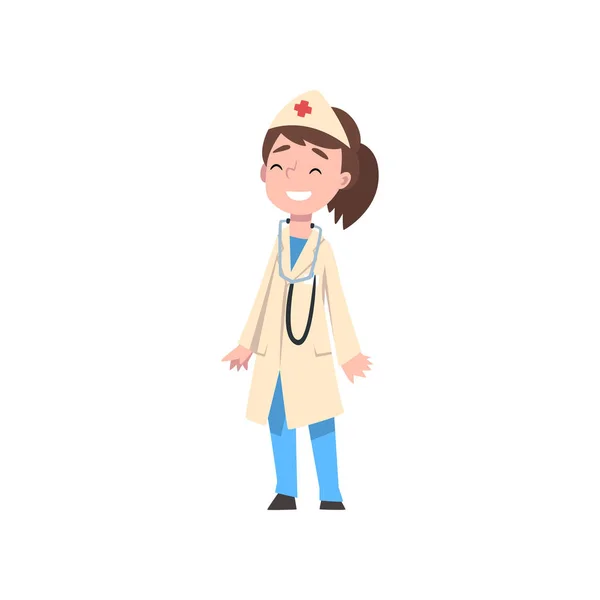 Schattig meisje gekleed als arts, kinderen toekomstige beroep cartoon vector illustratie — Stockvector