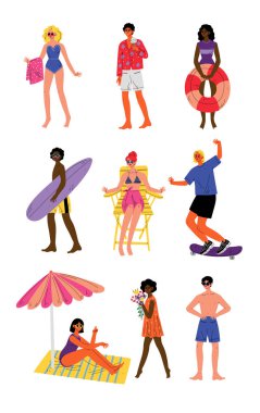 İnsanlar Yaz Tatil Seti Zevk, Genç Erkek ve Kadınlar Plaj Vektör İllüstrasyon rahatlatıcı