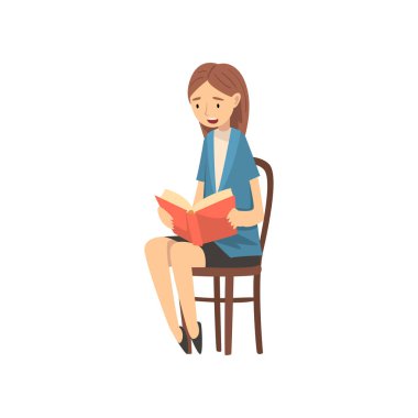 Teacher Sitting on Chair and Reading Book to Children Vector Illustration