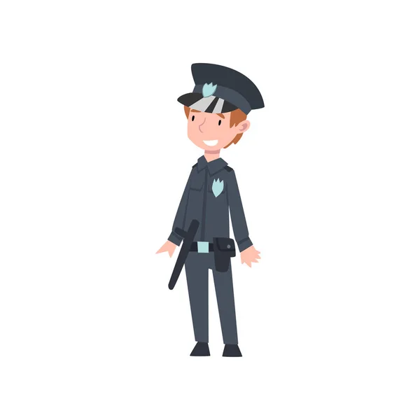 Roztomilý chlapec oblečený jako policejní důstojník, vektorová ukázka pro děti budoucí profese — Stockový vektor