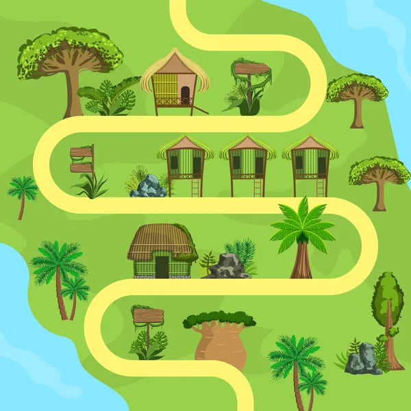 Mapa da Ilha Tropical com Bungalows, Vista superior, Viagens de Verão, Beach Resort Vector Illustration — Vetor de Stock