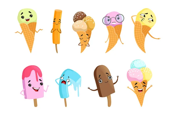 Ice Cream Cartoon Characters Set, Happy Ice Cream Cones and Popsicles with Funny Faces Vector Illustration