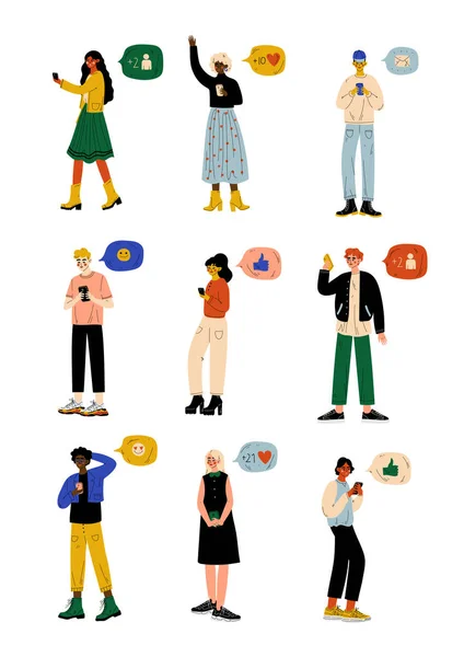 Les gens discutent en ligne à l'aide de Smartphones Set, Jeunes hommes et femmes et Chat Bulles de communication, Internet Réseau social Illustration vectorielle de communication virtuelle — Image vectorielle