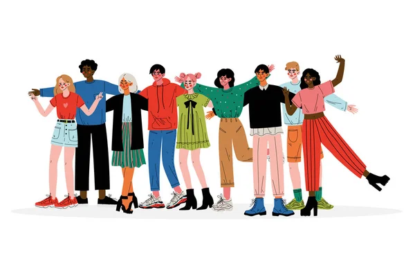 Grupo de Jóvenes Abrazando, Hombres y Mujeres Amigos de Diferentes Nacionalidades Permaneciendo Juntos Vector Illustration — Archivo Imágenes Vectoriales