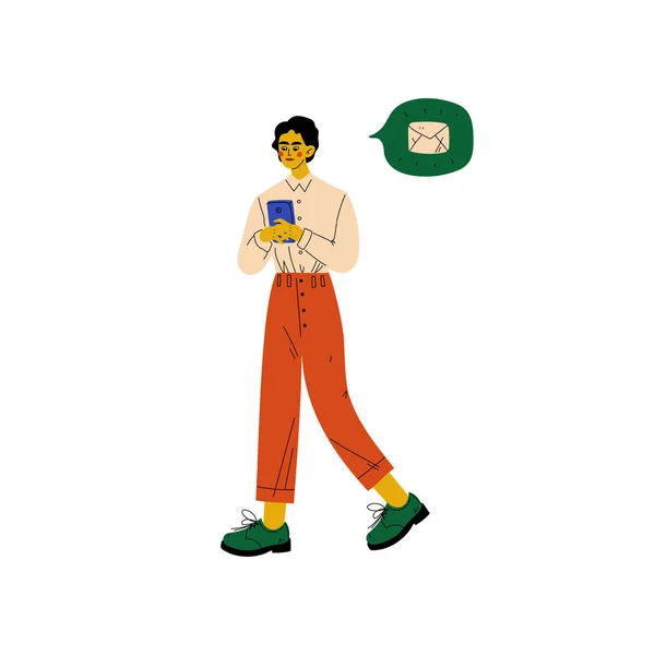 Young Man Chatting Online on His Smartphone, Guy with Chat Communication Bubble, Internet Social Network Virtual Communication Vector Illustration — 스톡 벡터