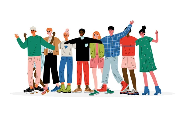 Grupo de personas abrazando, hombres y mujeres amigos de diferentes nacionalidades de pie juntos celebrando evento Vector Ilustración — Archivo Imágenes Vectoriales