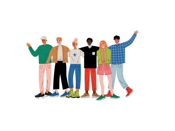 Groep van mensen knuffelen, jonge mannen en vrouwen van verschillende nationaliteiten staande samen vieren Event vector illustratie — Stockvector