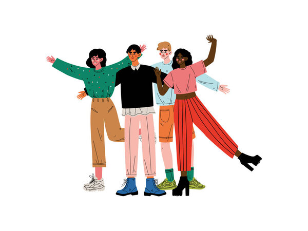 Group of Happy People Hugging, Girls and Guys Standing Together Celebrating Event Vector Illustration