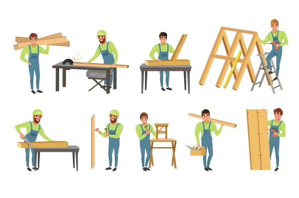 Conjunto de personagens de carpinteiros profissionais, homens de tábuas de madeira de corte uniforme com serra e construção de construções de madeira Ilustração vetorial —  Vetores de Stock