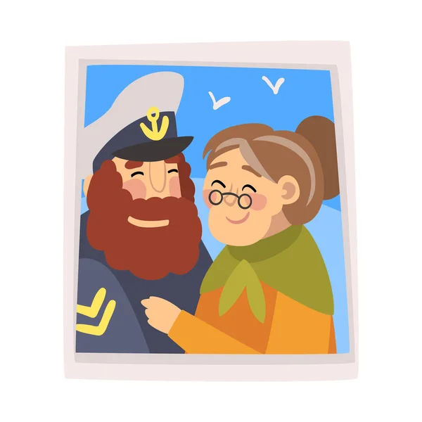 Familie portret, foto van gelukkig glimlachende kapitein en senior Lady, moeder en haar volwassen zoon vector illustratie — Stockvector