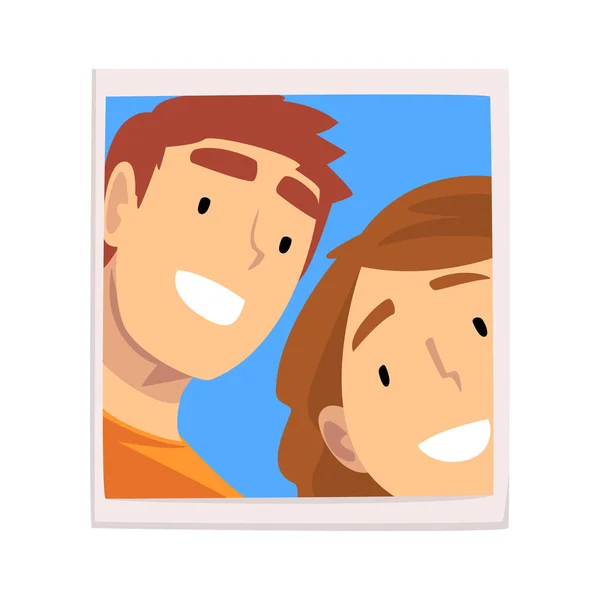 肖像的爱情男人和女孩，快乐的微笑夫妇在爱照片矢量插图 — 图库矢量图片
