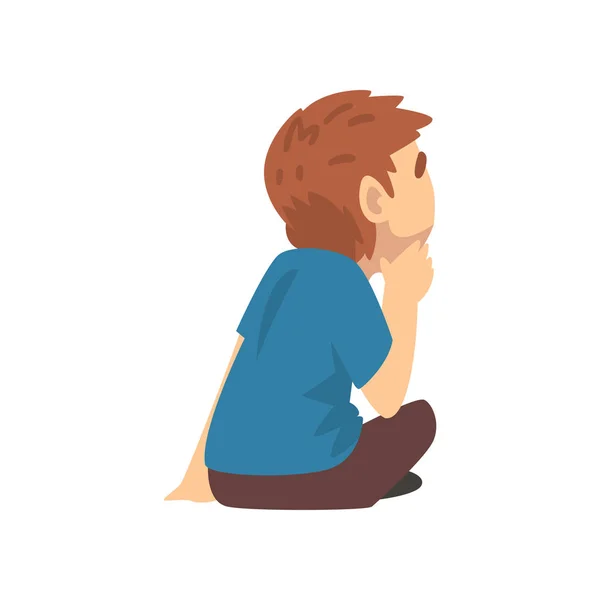 Cute Boy in Blue T-Shirt Sitting on Floor and Listening Carefully, Little Preschool Kid Character Vector Illustration — Stock Vector