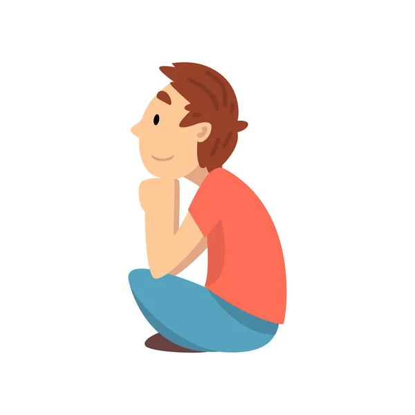 Cute Boy Sitting on Floor and Listening, Little Preschool Kid Character , Side View Vector Illustration Stock Illustration