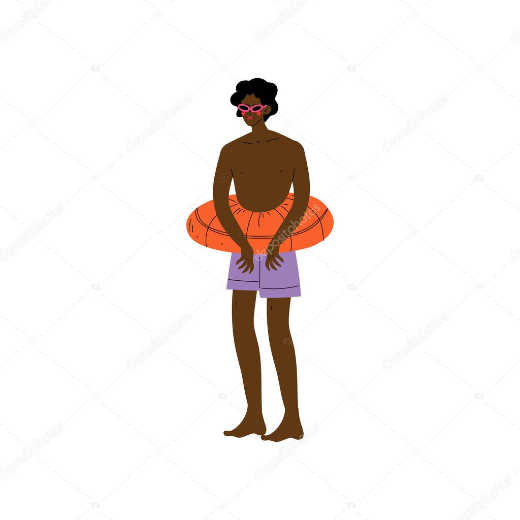 African American Man Standing with Lifebuoy on His Waist, Man Relaxing on Beach on Summer Vacation Vector Illustration