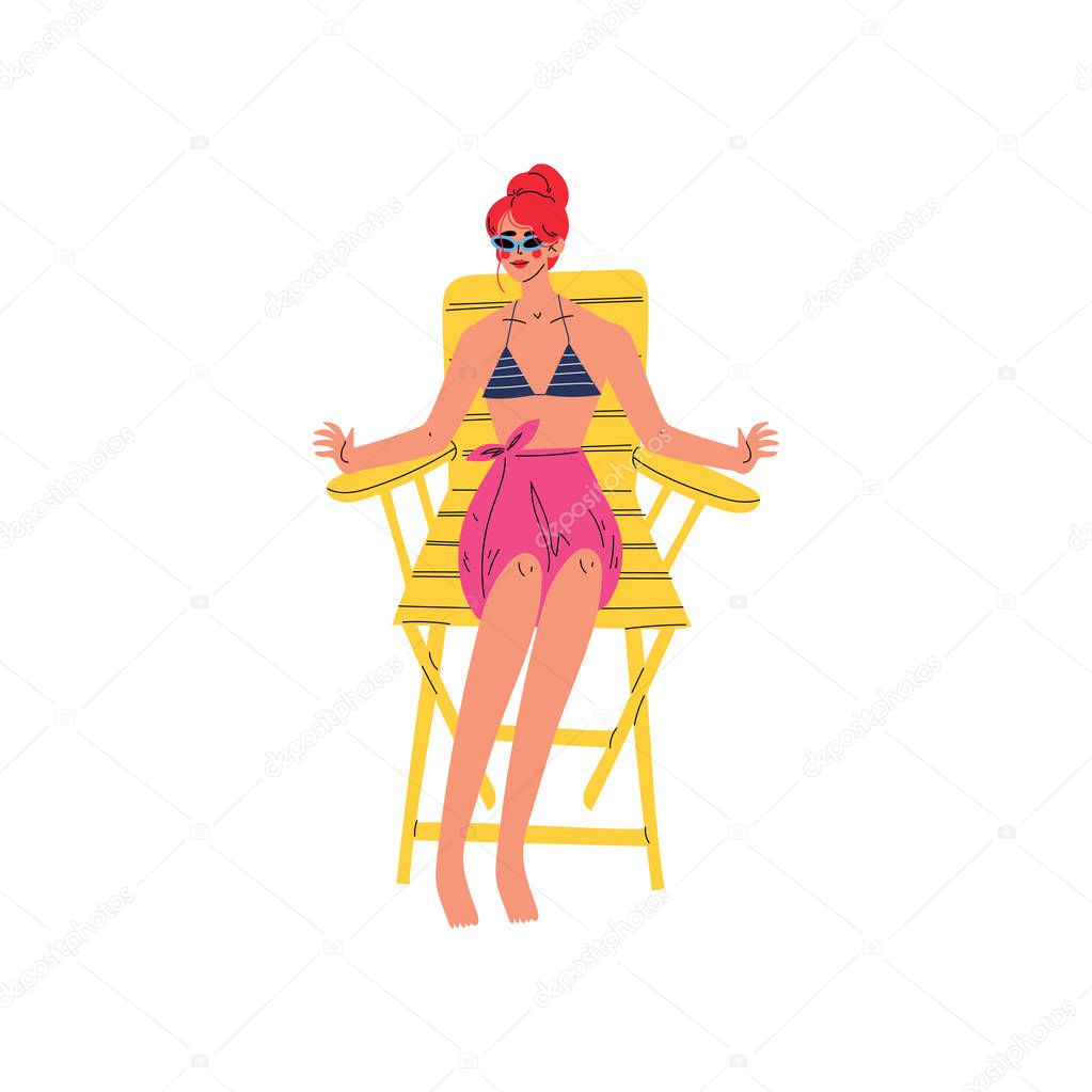 Beautiful Woman in Swimwear and Sunglasses Sitting in Chaise Lounge Under Sunshade Parasol, Girl Relaxing at Beach on Summer Vacation Vector Illustration