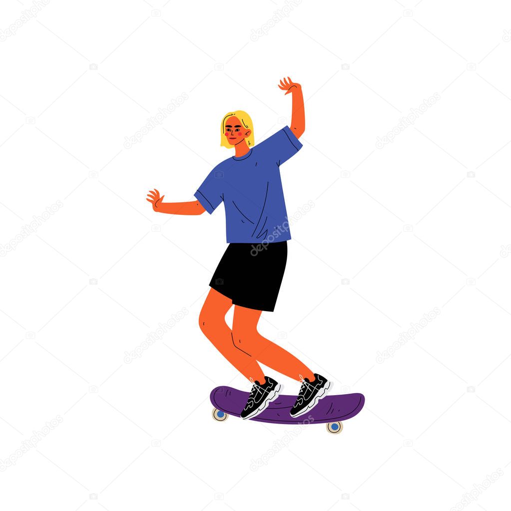 Young Man Riding Skateboard, Summer Sport, Physical Outdoor Activity Vector Illustration
