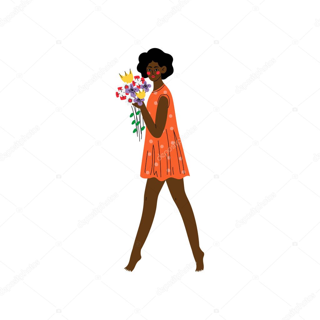 Beautiful African American Girl Walking with Bouquet of Flowers Vector Illustration