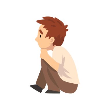 Boy Katta Oturan ve Dinleme, Küçük Okul Öncesi Çocuk Karakteri , Yan Görünüm Vektör İllüstrasyon