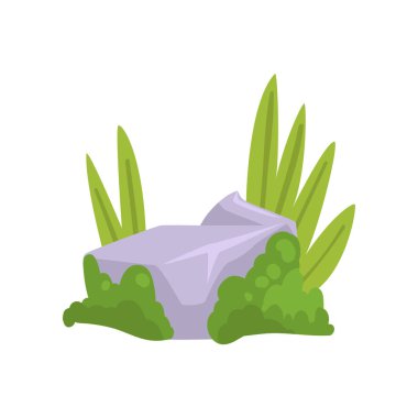 Yosun ve Yeşil Çim ile Rock Gri Taş, Doğal Peyzaj Tasarım Element Vektör İllüstrasyon