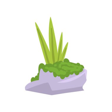 Yosun ve Yeşil Çim ile Kaya Gri Granit Taş, Doğal Peyzaj Tasarım Element Vektör İllüstrasyon