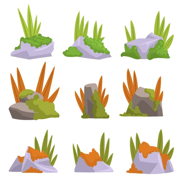 Colección de Piedras de Roca con Moss y Hierba, Elementos de Diseño de Paisaje Natural Vector Illustration — Archivo Imágenes Vectoriales